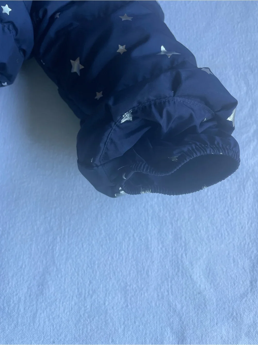 GAP Navy Puffer Coat with Gold Star Print and Faux Fur Hood